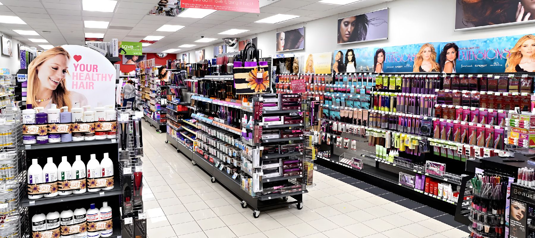 Custom cosmetics display fixtures in a beauty retail store