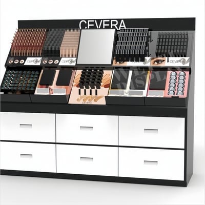 "MDF Acrylic Floor Standing Cosmetic Display with Mirror and Storage Drawers "