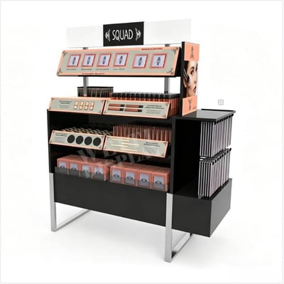 MDF Acrylic Iron Floor Standing Eye Cosmetics Display with Side Wing