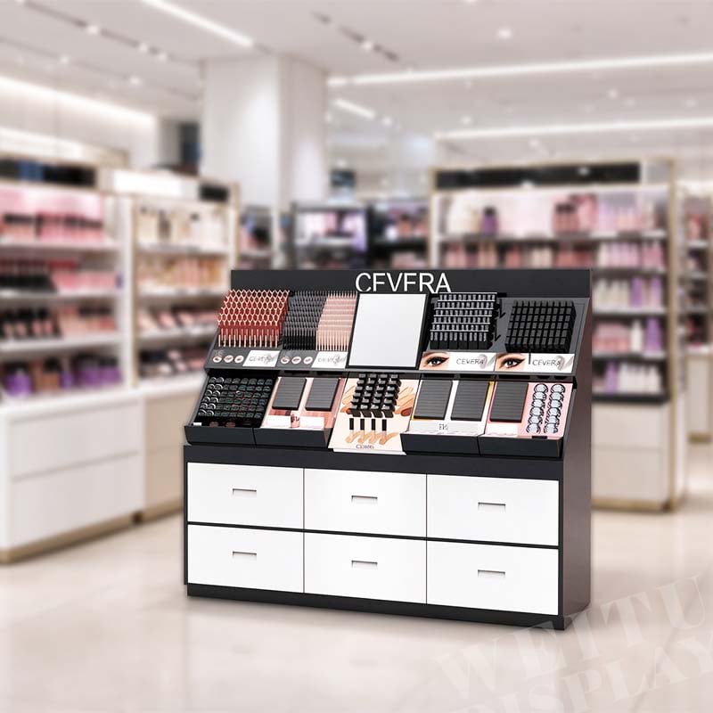 "MDF Acrylic Floor Standing Cosmetic Display with Mirror and Storage Drawers "