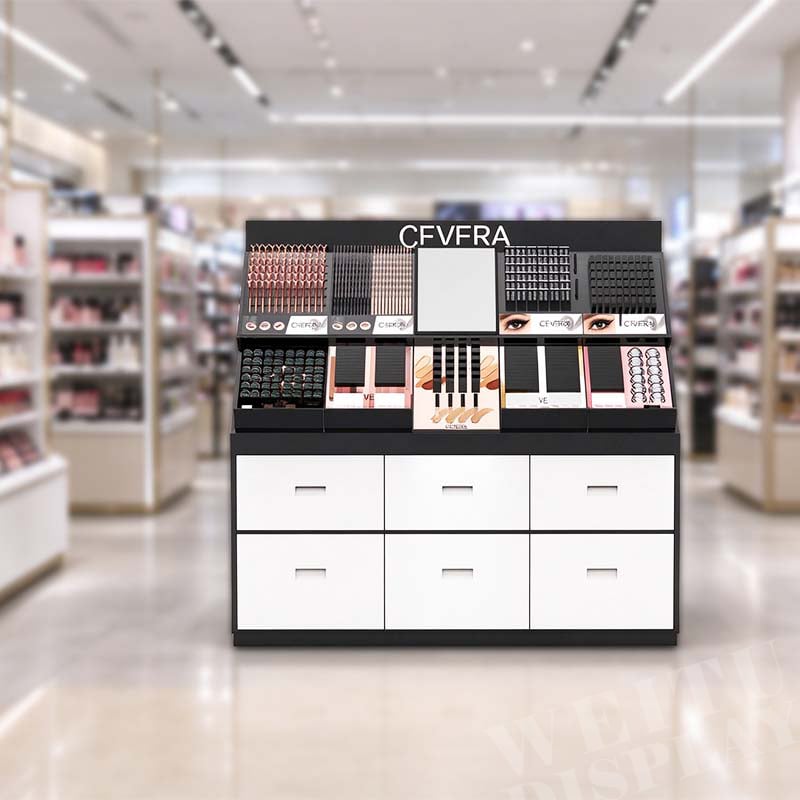 "MDF Acrylic Floor Standing Cosmetic Display with Mirror and Storage Drawers "