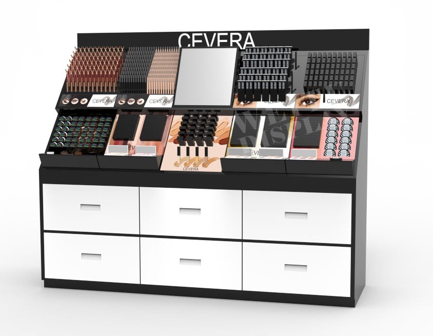 "MDF Acrylic Floor Standing Cosmetic Display with Mirror and Storage Drawers "