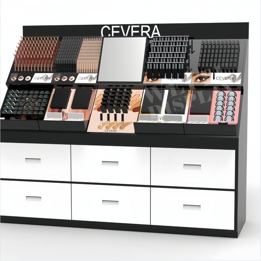 "MDF Acrylic Floor Standing Cosmetic Display with Mirror and Storage Drawers "
