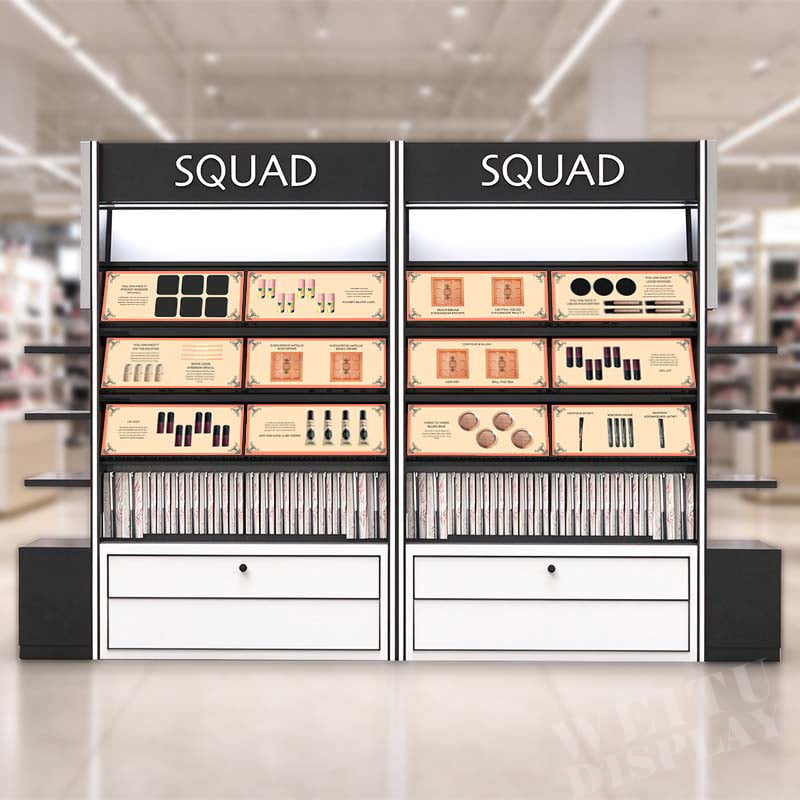 MDF Acrylic Iron Floor Standing Dual-Bay Cosmetic Display with LED Lighting