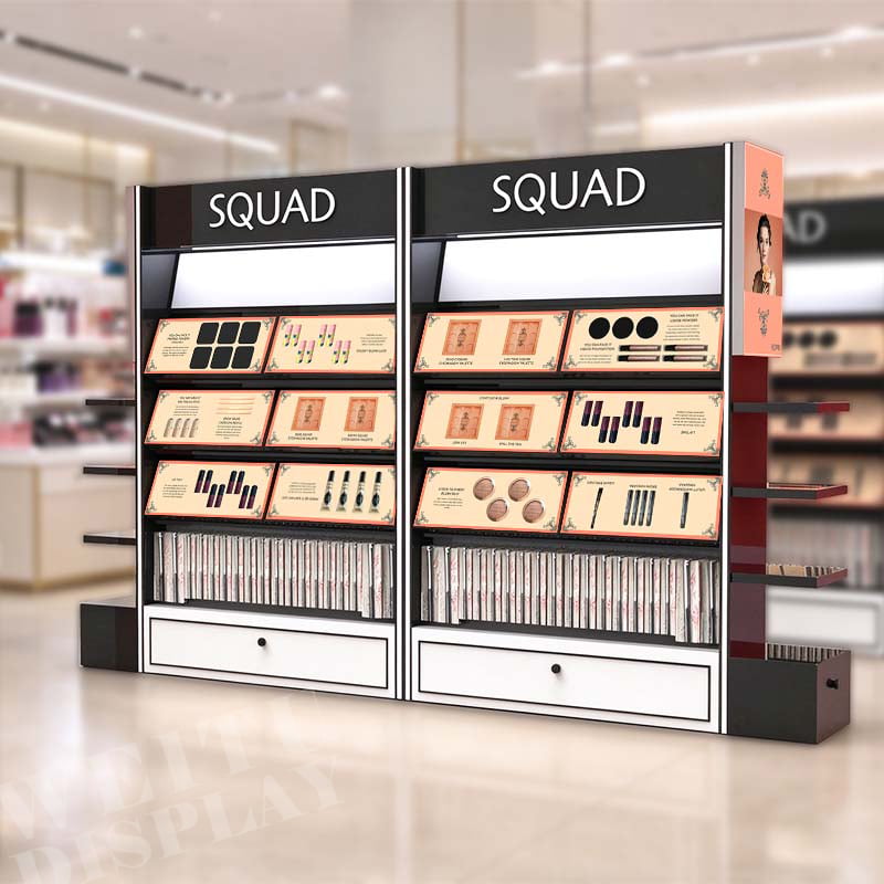 MDF Acrylic Iron Floor Standing Dual-Bay Cosmetic Display with LED Lighting