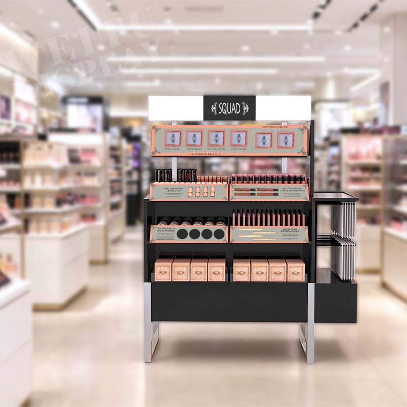 MDF Acrylic Iron Floor Standing Eye Cosmetics Display with Side Wing