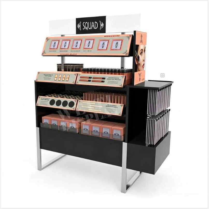MDF Acrylic Iron Floor Standing Eye Cosmetics Display with Side Wing