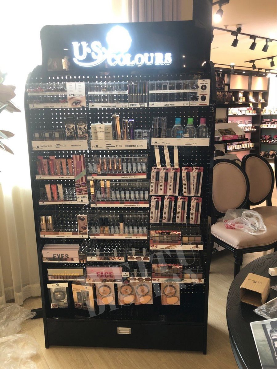 Black MDF Acrylic Iron Floor Standing Full Cosmetics Display Stand