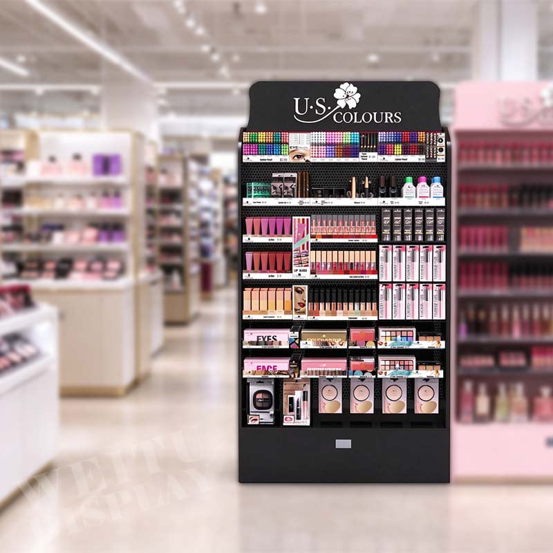 Black MDF Acrylic Iron Floor Standing Full Cosmetics Display Stand