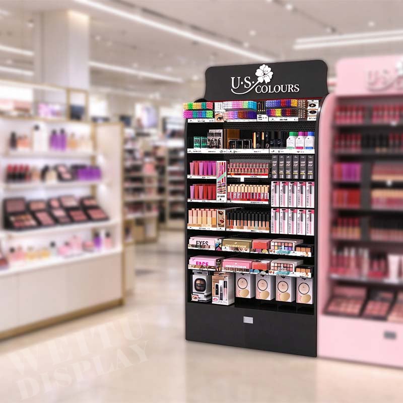 Black MDF Acrylic Iron Floor Standing Full Cosmetics Display Stand