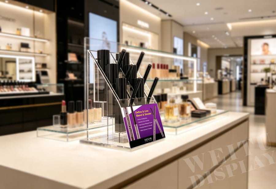 Clear Acrylic Angled Lip Gloss Countertop Display with Pink Panel